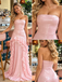 Pink Shimmer Strapless Ruffle High Slit Mermaid Evening Dress,PDS118569
