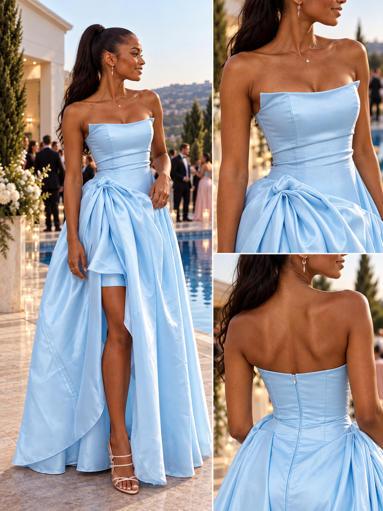 Elegant Satin Strapless Bow High Low Slit Long Evening Party Dress,PDS118669