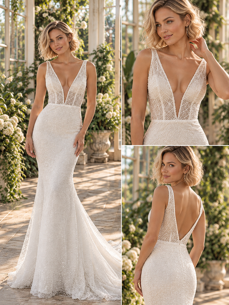 Sparkling Deep V Neck Sleeveless Beaded Lace Mermaid Wedding Dress,WD0429
