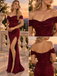 Burgundy Sequin Off Shoulder Ruched Mermaid Prom Dress With High Slit,PDS118570