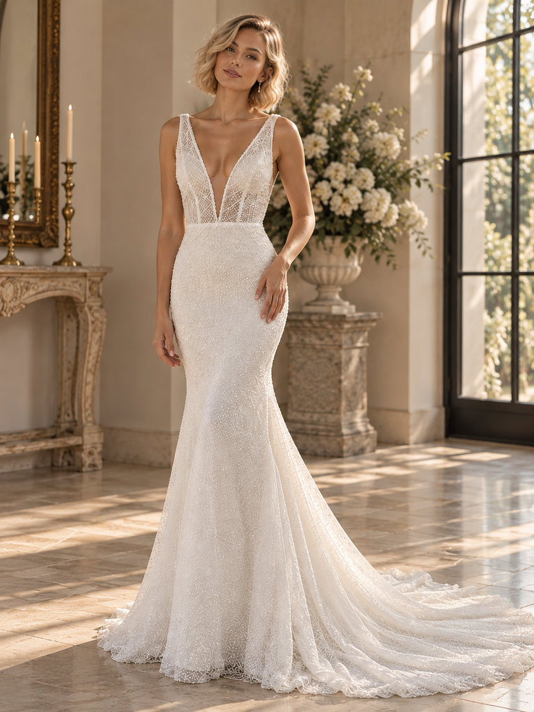 Sparkling Deep V Neck Sleeveless Beaded Lace Mermaid Wedding Dress,WD0429