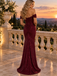Burgundy Sequin Off Shoulder Ruched Mermaid Prom Dress With High Slit,PDS118570