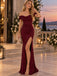 Burgundy Sequin Off Shoulder Ruched Mermaid Prom Dress With High Slit,PDS118570