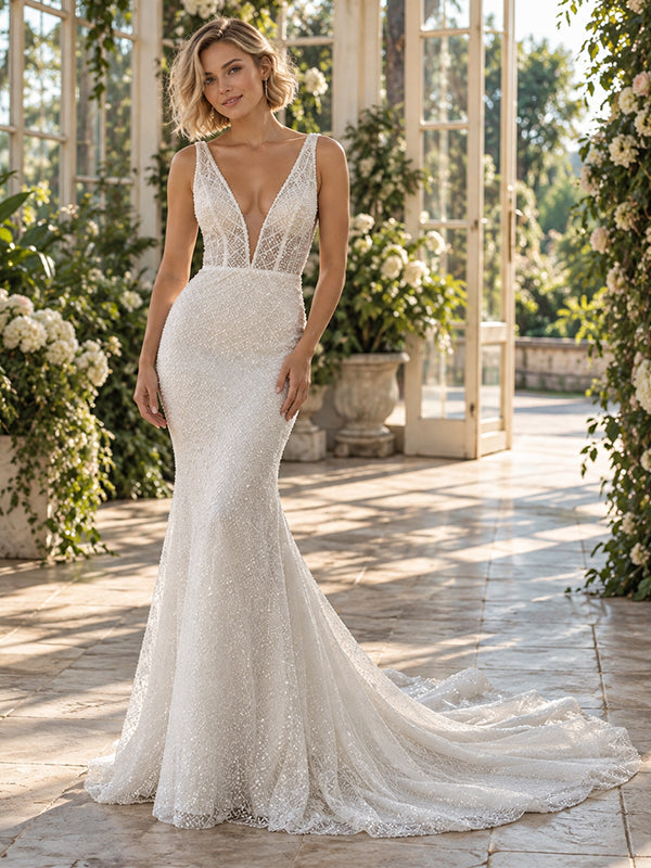 Sparkling Deep V Neck Sleeveless Beaded Lace Mermaid Wedding Dress,WD0429