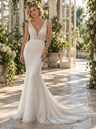 Sparkling Deep V Neck Sleeveless Beaded Lace Mermaid Wedding Dress,WD0429