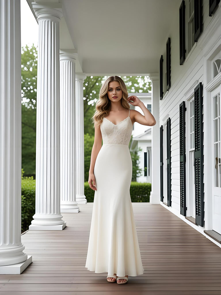 Elegant V-Neck Spaghetti Straps Lace Top Satin Mermaid Long Prom Party Dress,PDS118488