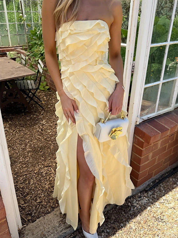 Pretty Yellow Strapless Ruffles Side Slit A-LineLong Prom Party Dress,PDS11797