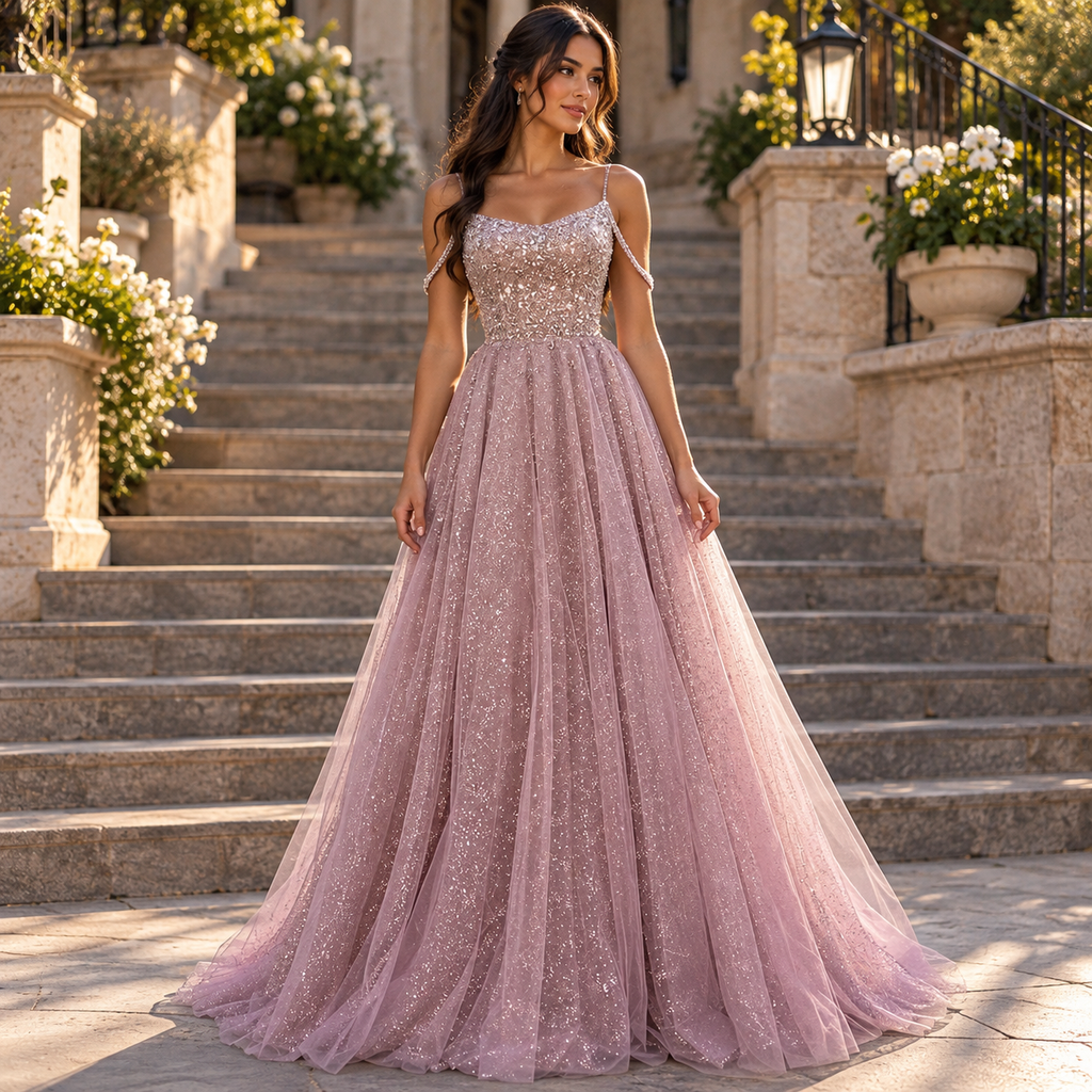 Sparkly Tulle Spaghetti Strap Beaded A-Line Long Prom Gown,PDS118671