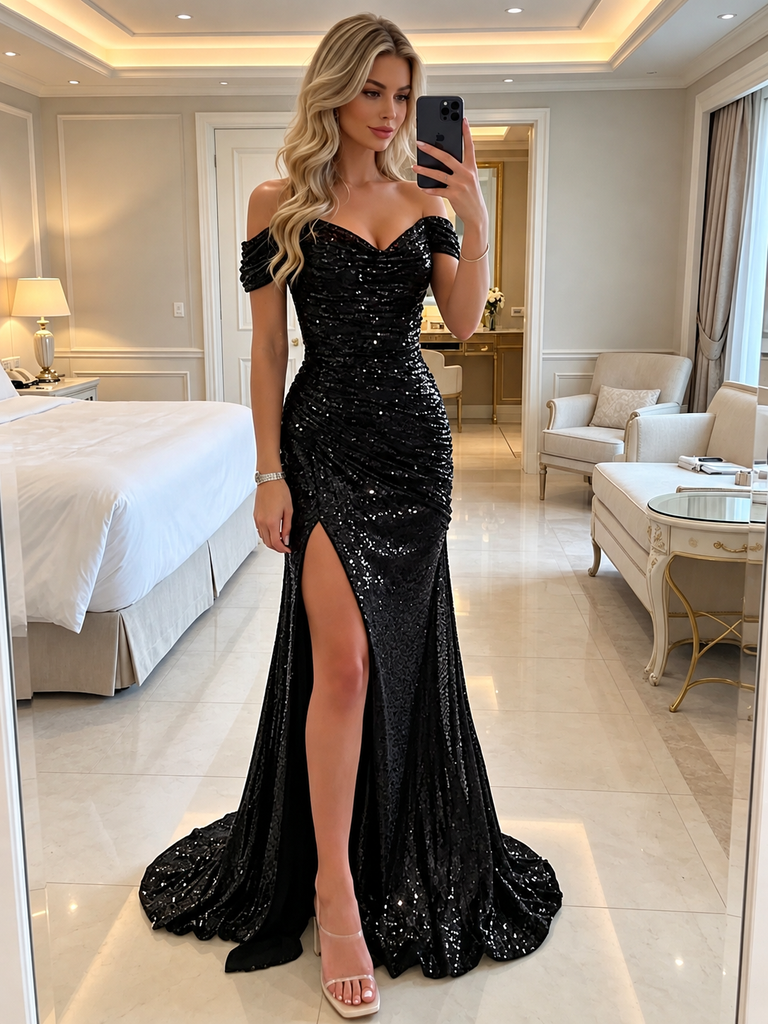 Black Sequin Off Shoulder Ruched Mermaid Evening Gown With High Slit,PDS118571