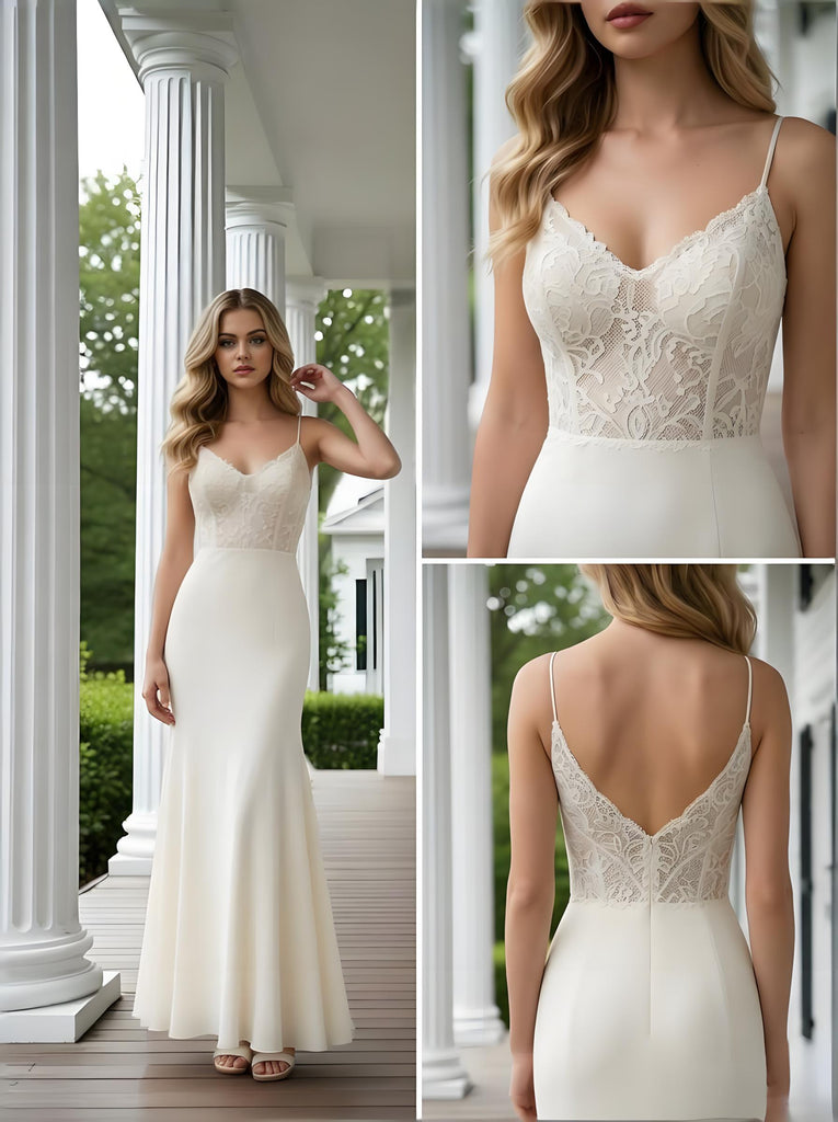 Elegant V-Neck Spaghetti Straps Lace Top Satin Mermaid Long Prom Party Dress,PDS118488
