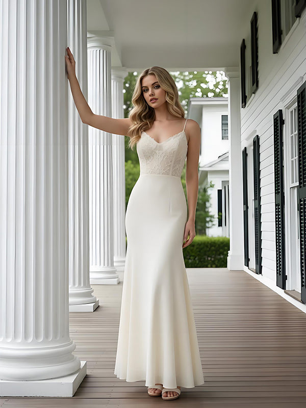 Elegant V-Neck Spaghetti Straps Lace Top Satin Mermaid Long Prom Party Dress,PDS118488