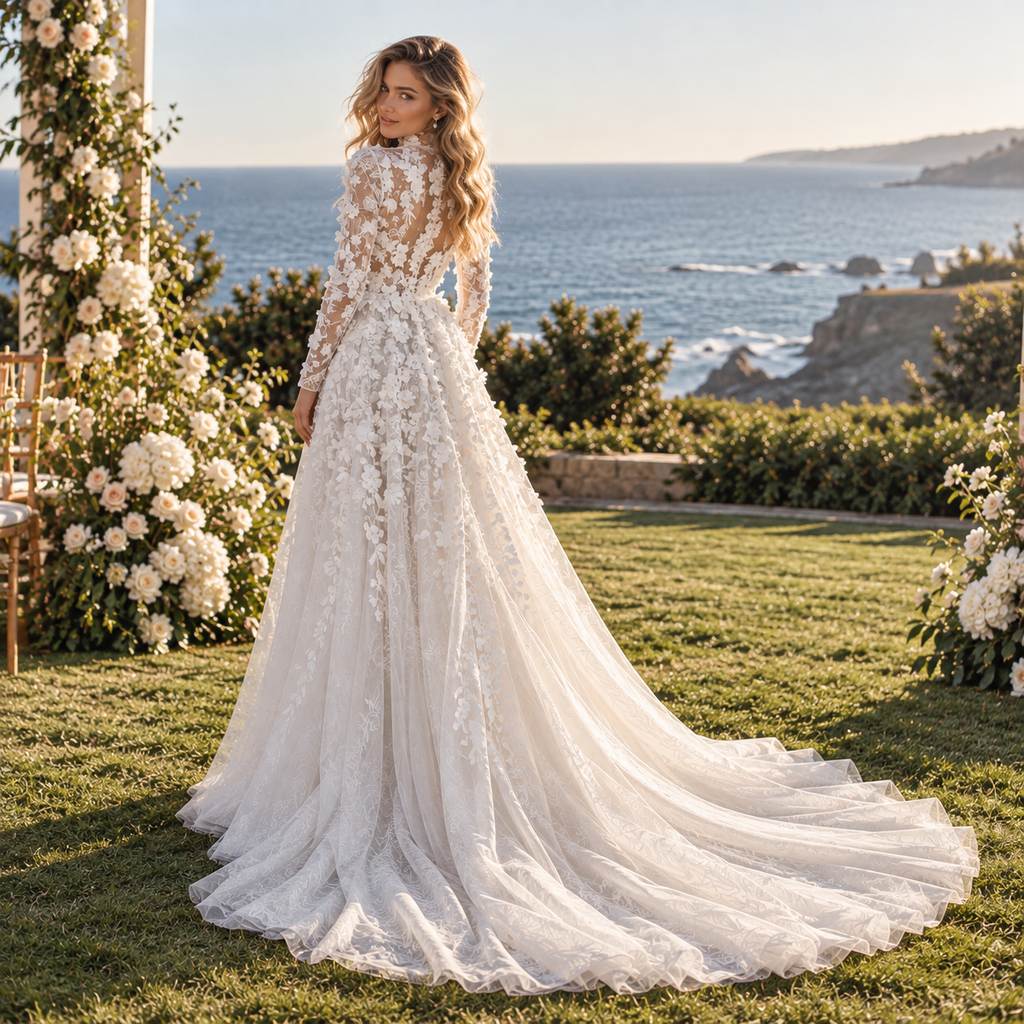 Romantic High Neck Long Sleeve 3D Floral Appliques Tulle A Line Wedding Gown,WD0430