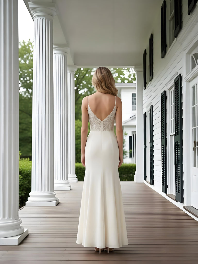 Elegant V-Neck Spaghetti Straps Lace Top Satin Mermaid Long Prom Party Dress,PDS118488
