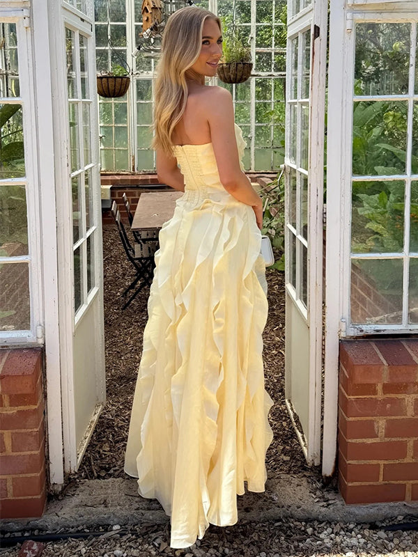 Pretty Yellow Strapless Ruffles Side Slit A-LineLong Prom Party Dress,PDS11797