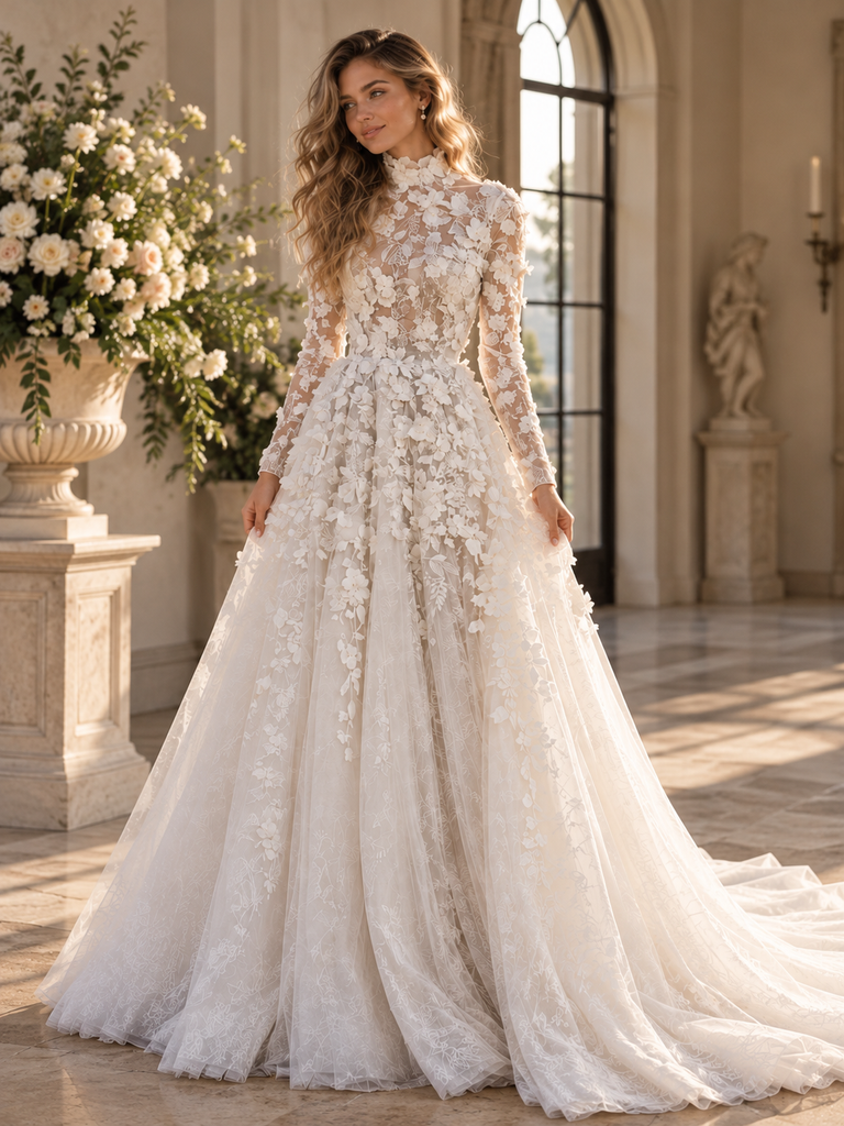 Romantic High Neck Long Sleeve 3D Floral Appliques Tulle A Line Wedding Gown,WD0430