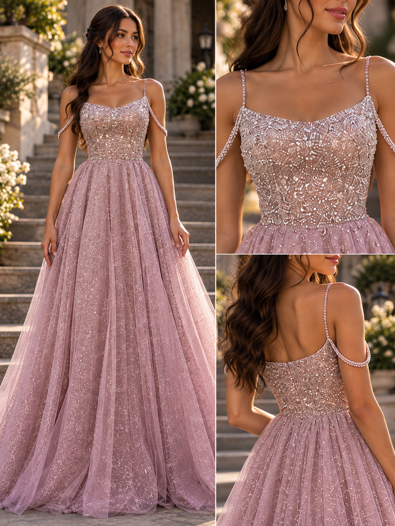 Sparkly Tulle Spaghetti Strap Beaded A-Line Long Prom Gown,PDS118671