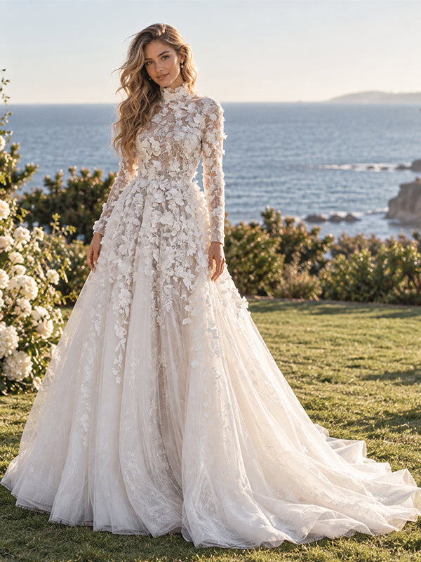 Romantic High Neck Long Sleeve 3D Floral Appliques Tulle A Line Wedding Gown,WD0430