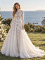 Romantic High Neck Long Sleeve 3D Floral Appliques Tulle A Line Wedding Gown,WD0430