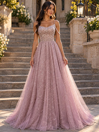 Sparkly Tulle Spaghetti Strap Beaded A-Line Long Prom Gown,PDS118671