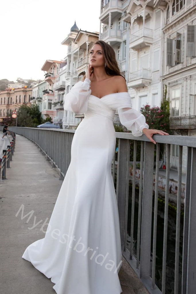 Elegant Off Shoulder Mermaid Simple Floor Length Wedding Dresses, WDY0355