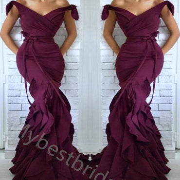 Elegant V-neck Ruffle Sleeveless Mermaid Long Prom Dress,PDS1132