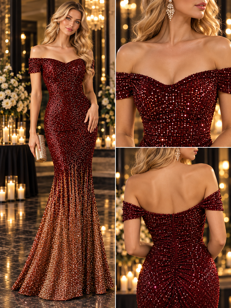 Burgundy To Gold Ombre Sequin Off Shoulder Mermaid Prom Dress,PDS118572