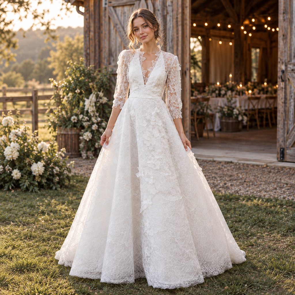 Delicate V-Neck 3/4 Sleeve Lace A Line Wedding Dress with Floral Details,WD0431