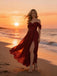 Burgundy Off Shoulder Sweetheart Side Slit A-Line Long Prom Party Dress,PDS118489