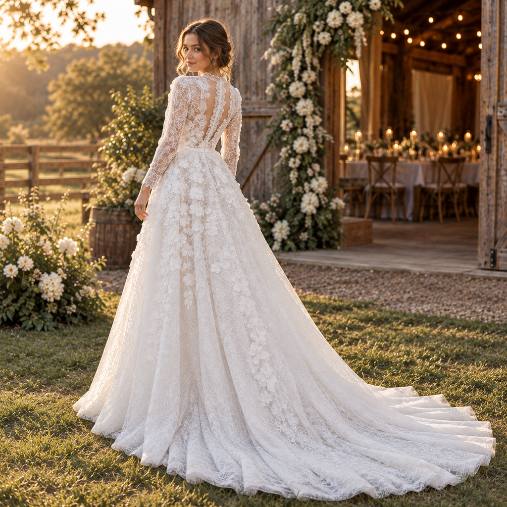 Delicate V-Neck 3/4 Sleeve Lace A Line Wedding Dress with Floral Details,WD0431