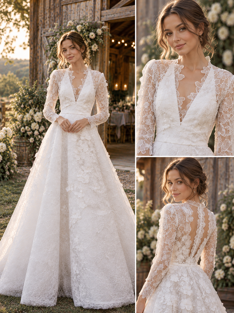 Delicate V-Neck 3/4 Sleeve Lace A Line Wedding Dress with Floral Details,WD0431