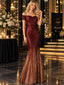 Burgundy To Gold Ombre Sequin Off Shoulder Mermaid Prom Dress,PDS118572