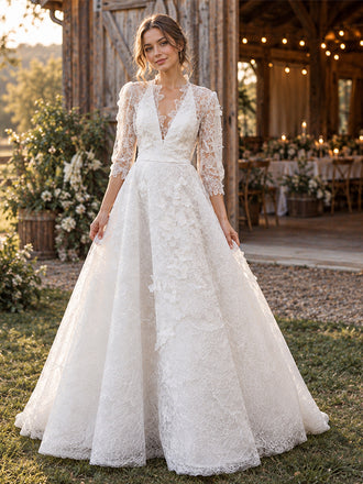 Delicate V-Neck 3/4 Sleeve Lace A Line Wedding Dress with Floral Details,WD0431