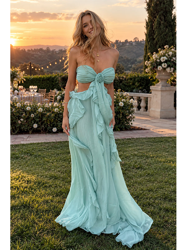 Mint Green Chiffon Strapless Cutout Ruffle Long Wedding Guest Dress,PDS118573