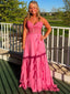 Beautiflu Lace Appliques Ruffles V-Neck Sleeveless A-Line Long Prom Party Dress,PDS11803