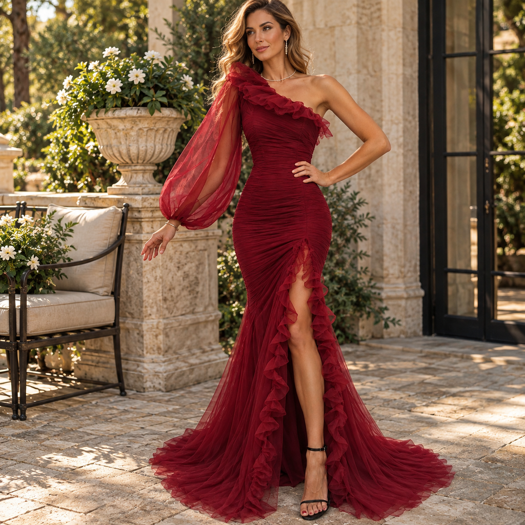 Stunning Chiffon One Shoulder Puff Sleeve Ruched Slit Mermaid Prom Dress,PDS118673