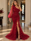 Stunning Chiffon One Shoulder Puff Sleeve Ruched Slit Mermaid Prom Dress,PDS118673