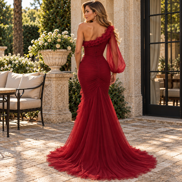 Stunning Chiffon One Shoulder Puff Sleeve Ruched Slit Mermaid Prom Dress,PDS118673
