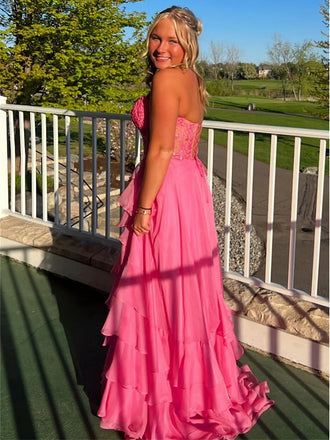 Beautiflu Lace Appliques Ruffles V-Neck Sleeveless A-Line Long Prom Party Dress,PDS11803