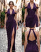 Chic Dark Purple Chiffon Halter V Neck Ruched Slit Long Evening Dress,PDS118774