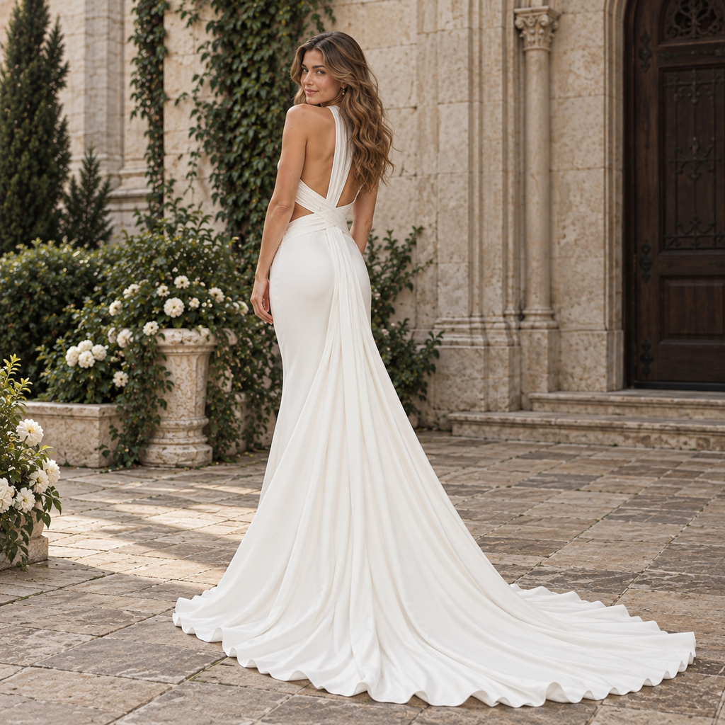 Luxury Halter V-Neck Ruched Satin Mermaid Wedding Dress with Chapel Train,WD0432