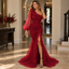 Stunning Chiffon One Shoulder Puff Sleeve Ruched Slit Mermaid Prom Dress,PDS118673