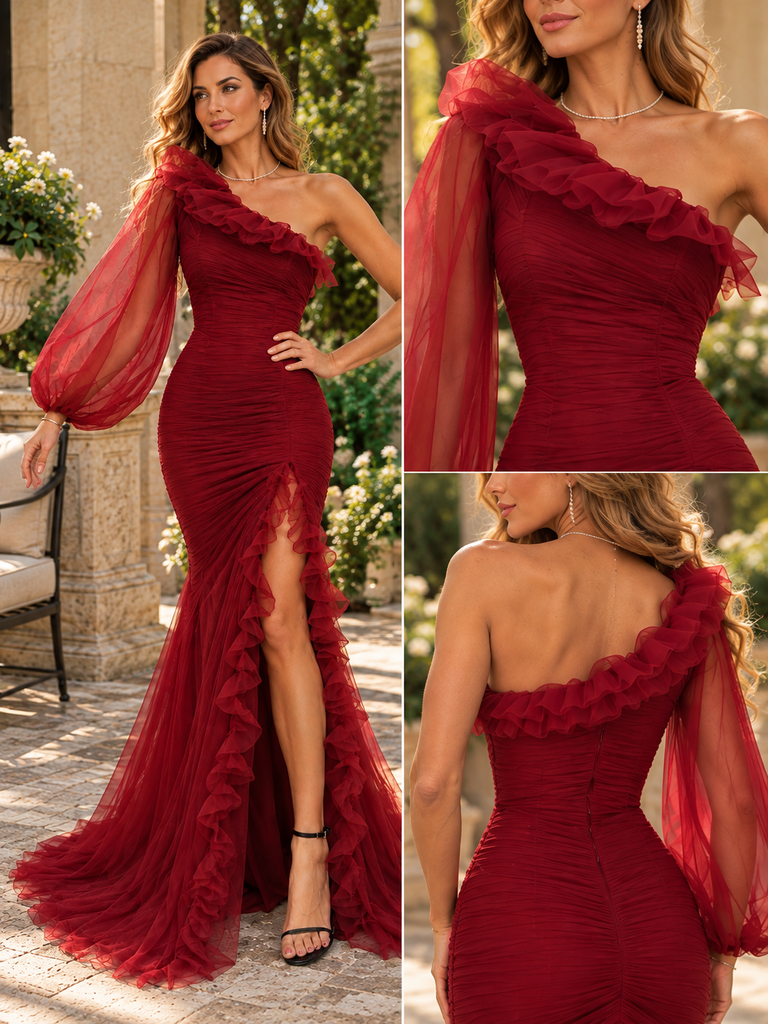 Stunning Chiffon One Shoulder Puff Sleeve Ruched Slit Mermaid Prom Dress,PDS118673