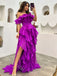 Elegant Off Shoulder A-line Ruffle Side Slit Floor Length Prom Dress,PDS11576