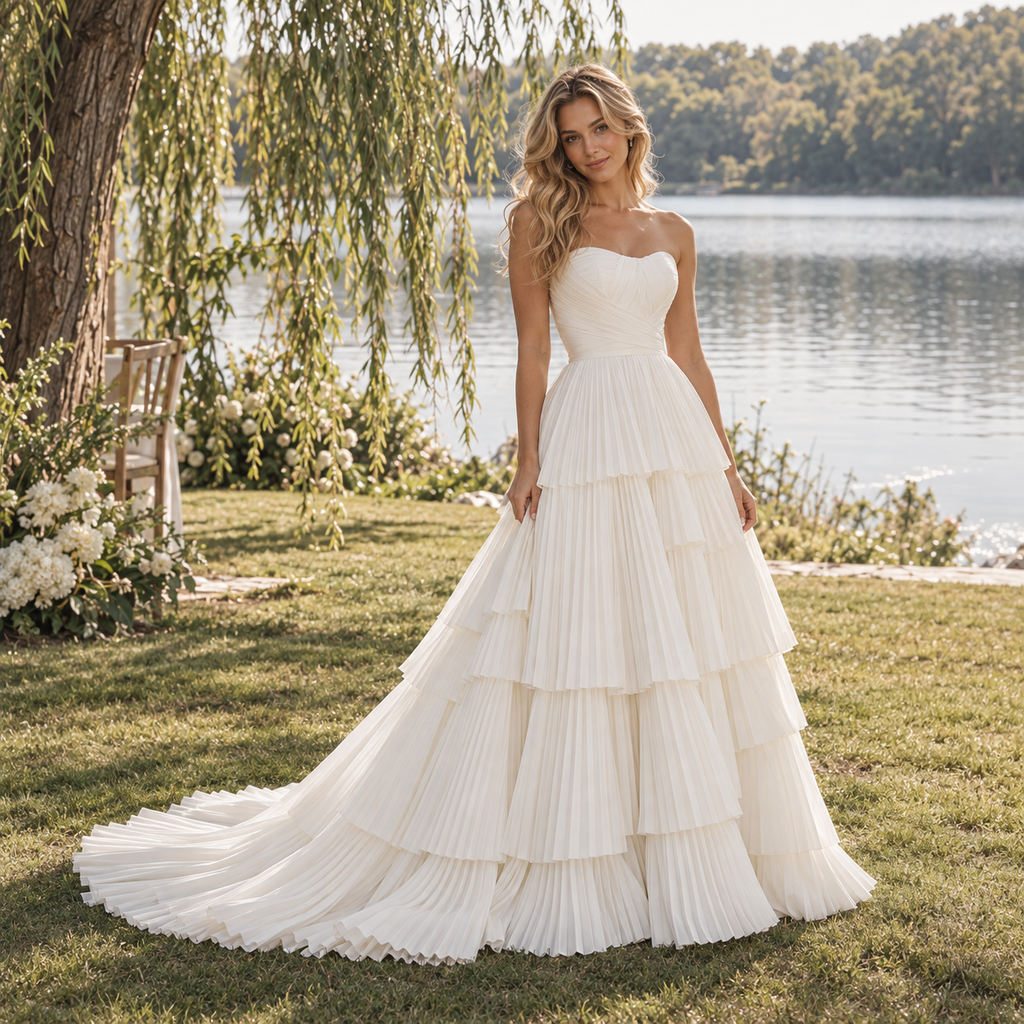 Whimsical Sweetheart Strapless Tiered Pleated Chiffon Wedding Dress,WD0433