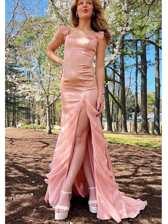 Pretty Ruffles Square Neckline Side Slit Mermid Long Prom Party Dress,PDS11798