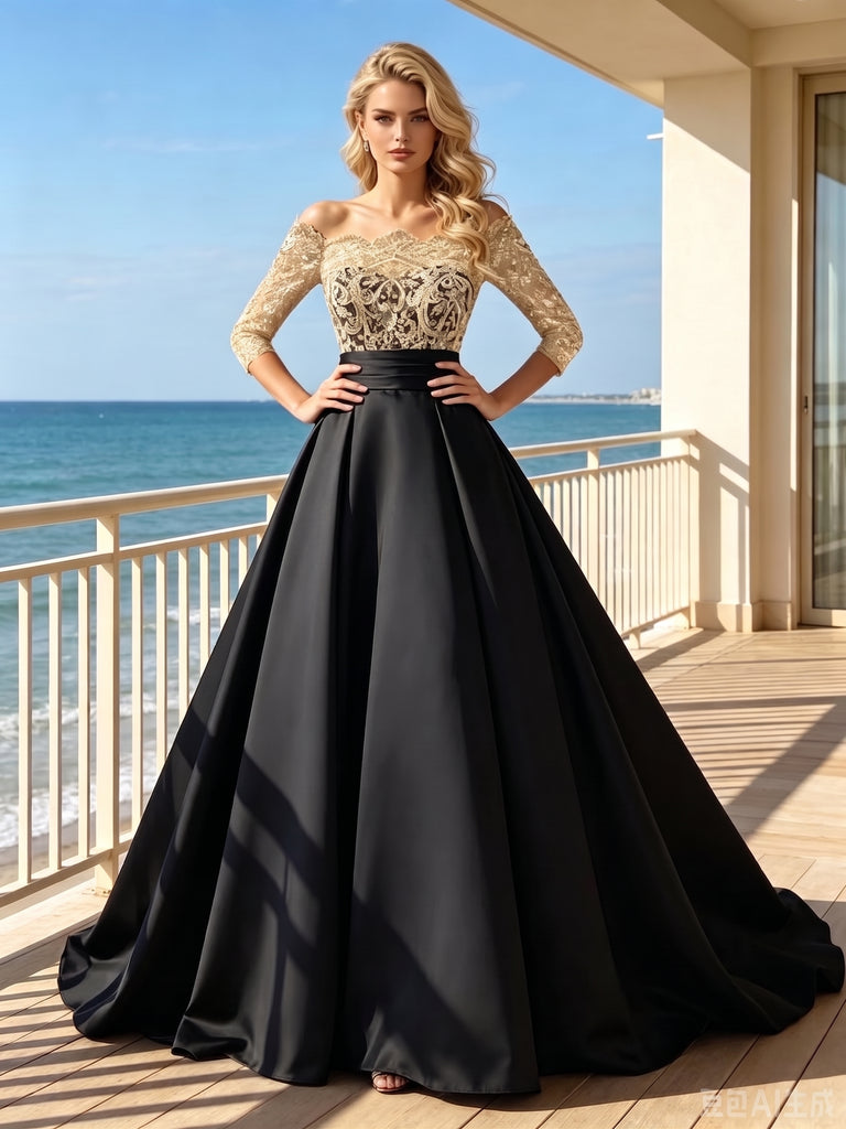 Black Satin Off The Shoulder 3/4 Sleeve Lace Bodice A Line Formal Dress,PDS118574