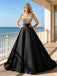 Black Satin Off The Shoulder 3/4 Sleeve Lace Bodice A Line Formal Dress,PDS118574