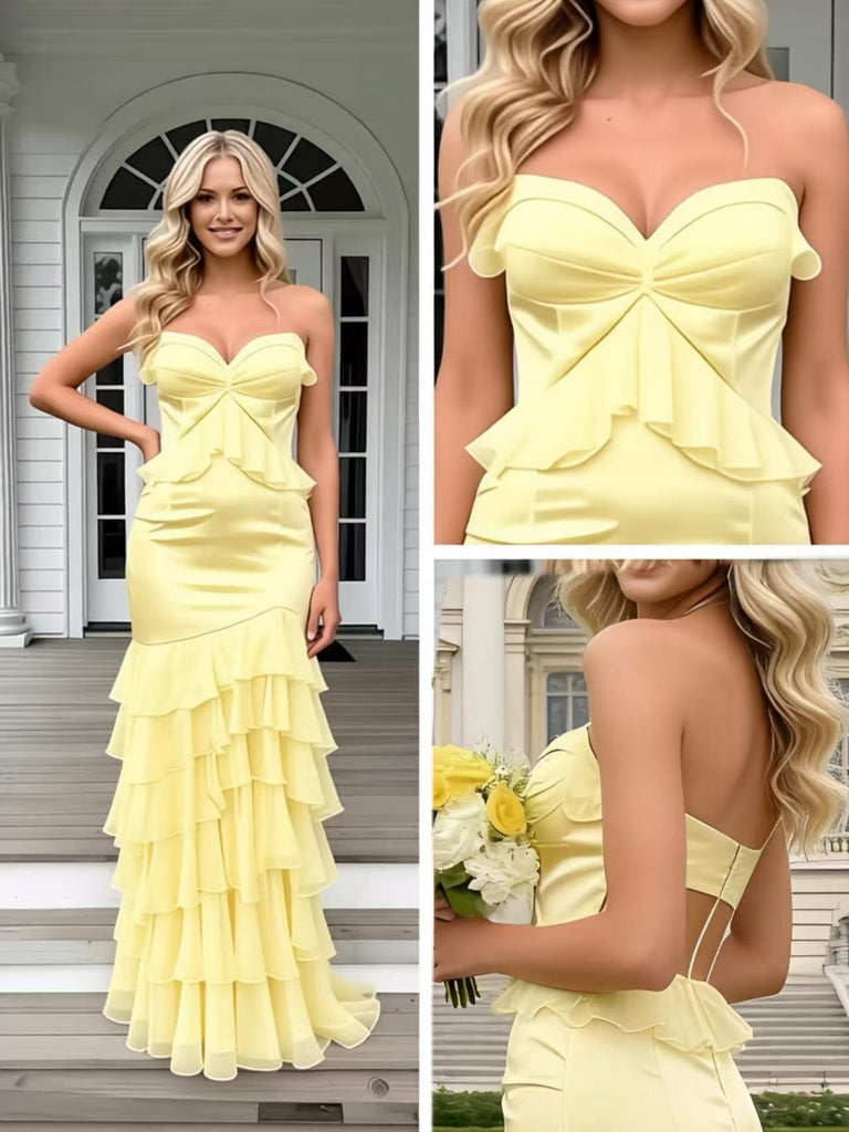 Yellow Sweetheart Ruffles Spaghetti Straps Sleeveless Mermaid Long Prom Party Dress,PDS118491