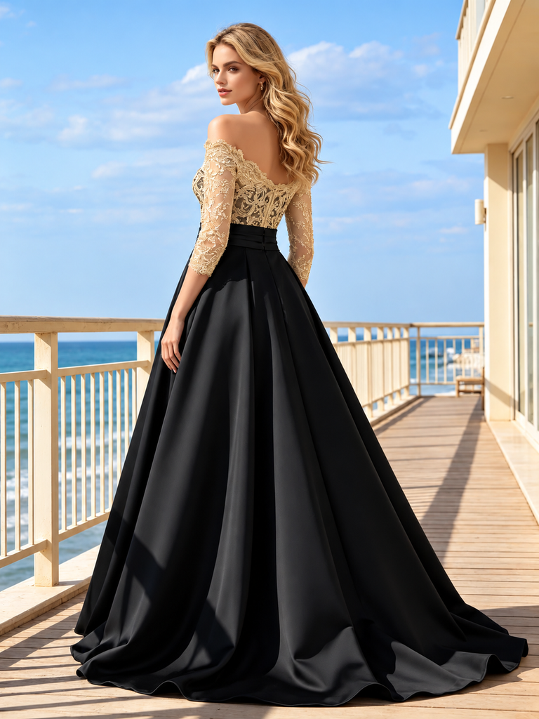 Black Satin Off The Shoulder 3/4 Sleeve Lace Bodice A Line Formal Dress,PDS118574