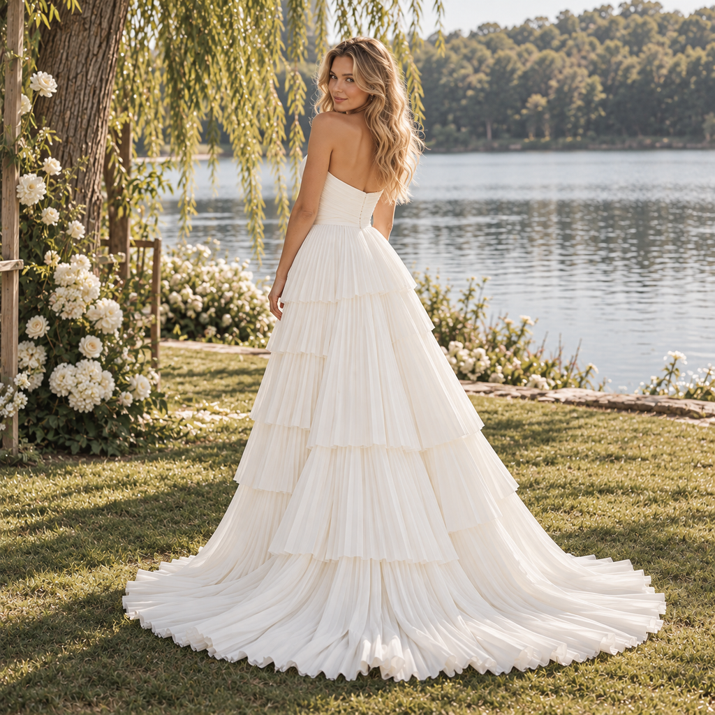 Whimsical Sweetheart Strapless Tiered Pleated Chiffon Wedding Dress,WD0433